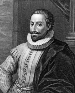 Spanish novelist Miguel de Cervantes, circa 1600. He published The Adventures of the Ingenious Nobleman Don Quixote of La Mancha, in two volumes, in 1605 and 1615.